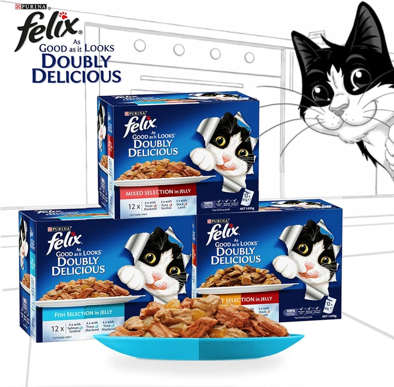 PURINA Felix Doubly Delicious Meaty Selection In Jelly Wet Cat Food 10+ 2FREE - 12X85G