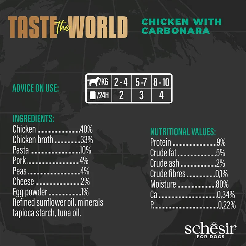 Schesir Taste The World Wholefood Chicken With Carbonara In Broth Wet Dog Food 150G