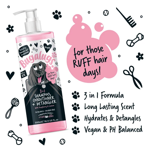 Bugalugs 3-in-1 Shampoo, Conditioner, & Detangler For Dogs - Raspberry & Lemon 500ML