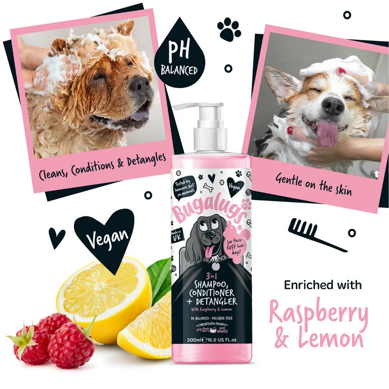 Bugalugs 3-in-1 Shampoo, Conditioner, & Detangler For Dogs - Raspberry & Lemon 500ML