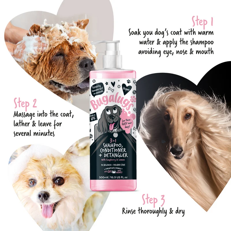 Bugalugs 3-in-1 Shampoo, Conditioner, & Detangler For Dogs - Raspberry & Lemon 500ML