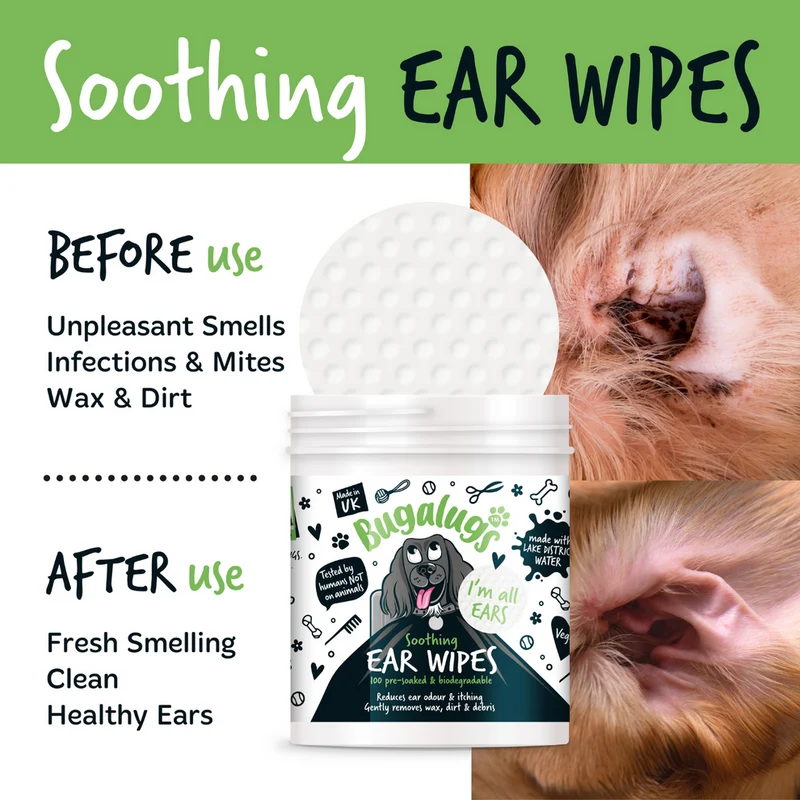 Bugalugs Soothing Biodegradable Ear Wipes for Dogs 100WIPES