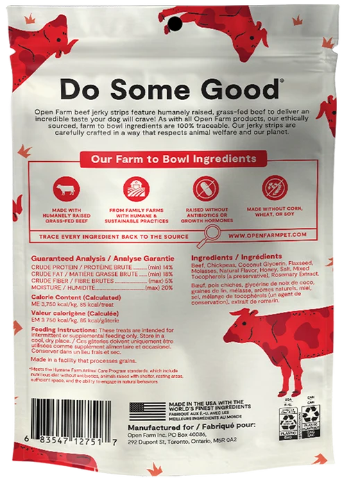 Open Farm Grain Free Jerky Strips Grass-Fed Beef Dog Treat 158G