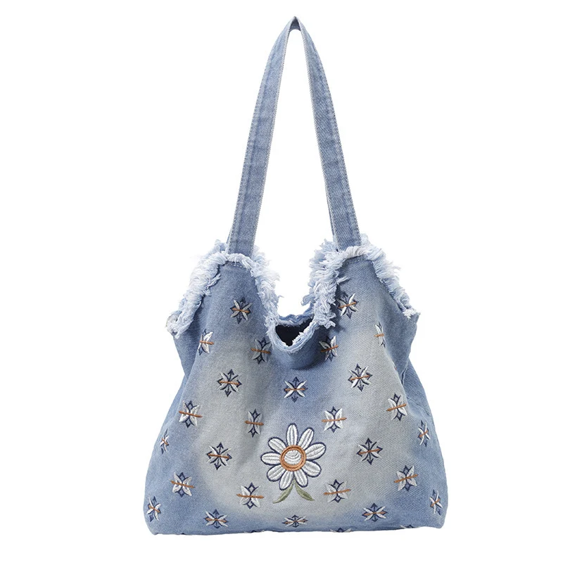 Floral bestickte Denim-Tote-Tasche