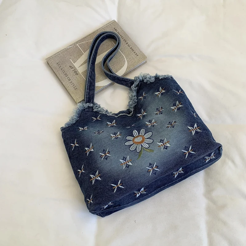 Floral bestickte Denim-Tote-Tasche