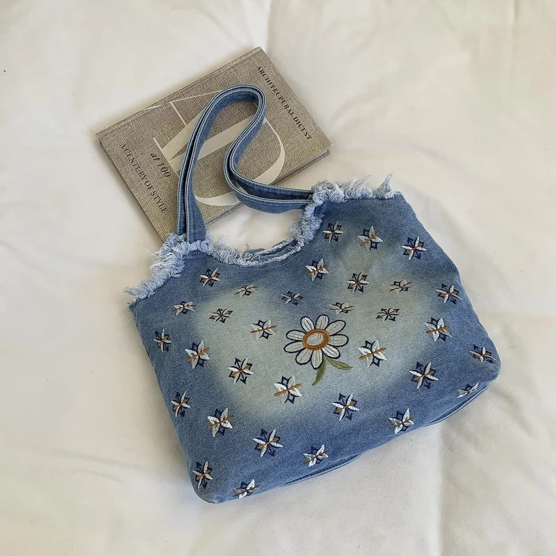 Floral bestickte Denim-Tote-Tasche