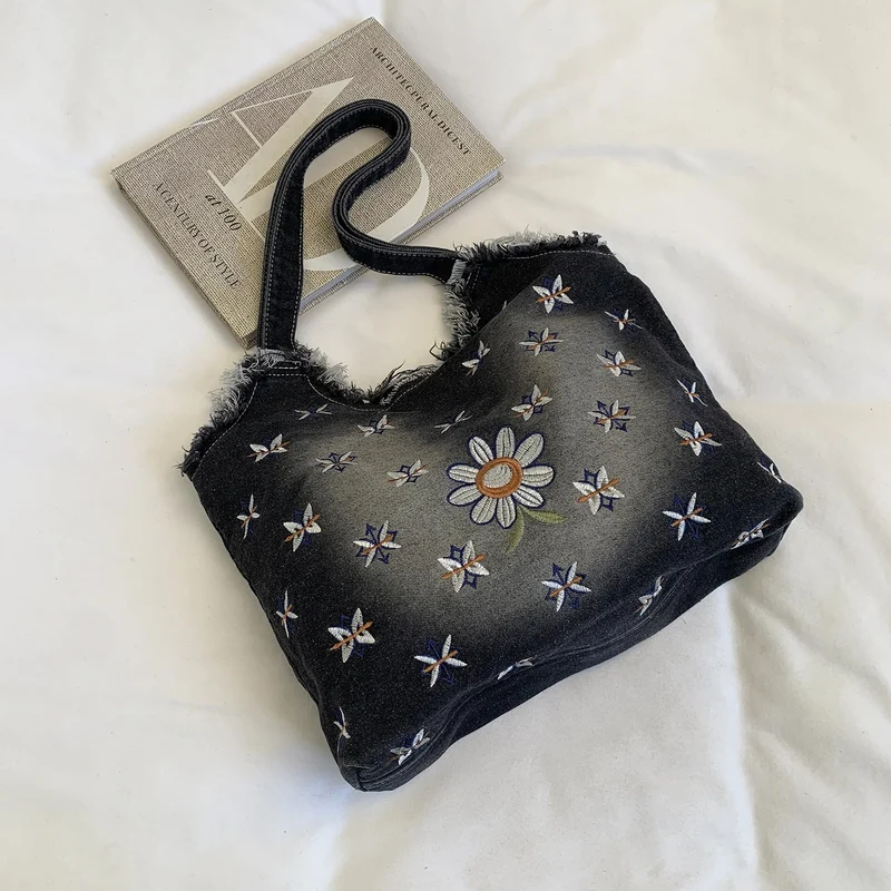 Floral bestickte Denim-Tote-Tasche