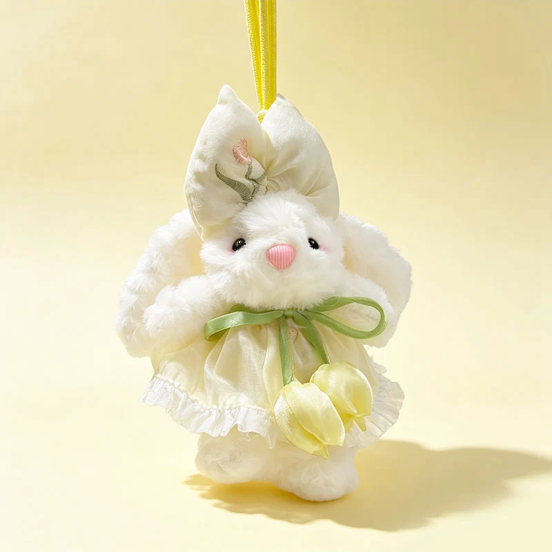 Plüsch Hase Taschenanhänger Schlüsselanhänger mit dekorativem Bogen und floralem Kleid Karnz