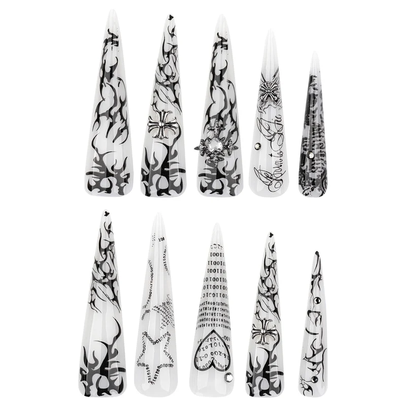 Kunstvolle Stiletto-Nägel mit Gothic-Muster und Verzierungen Karnz