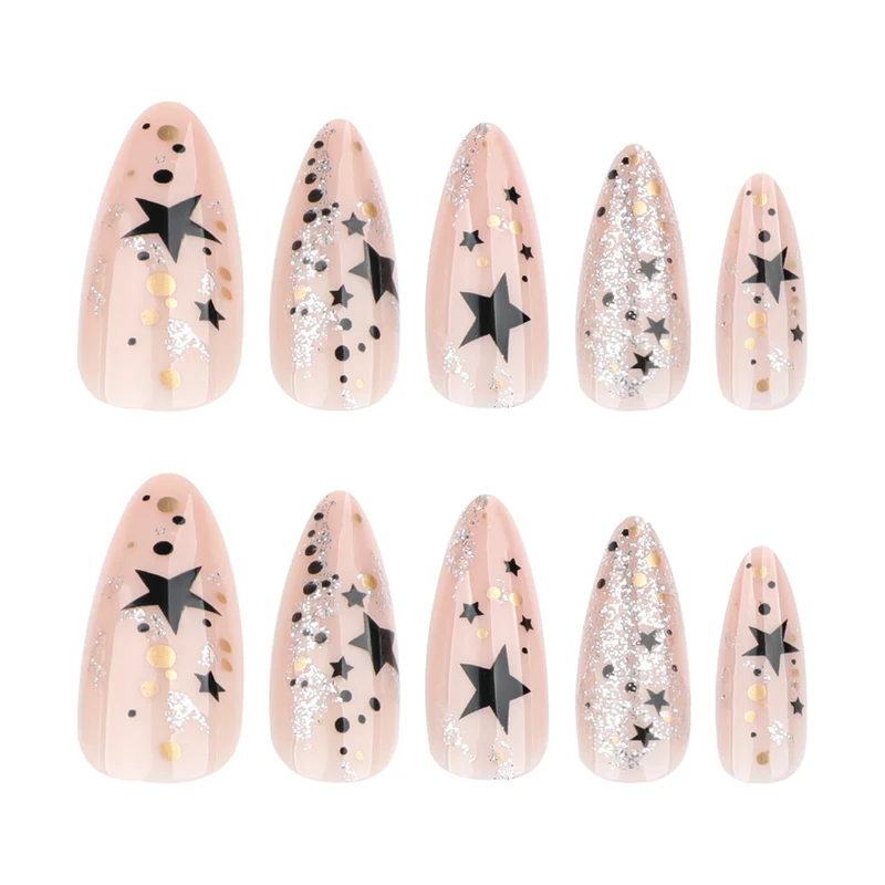 Kunstvolle Stiletto-Nägel mit Glitzer- und Sternenmotiv Karnz