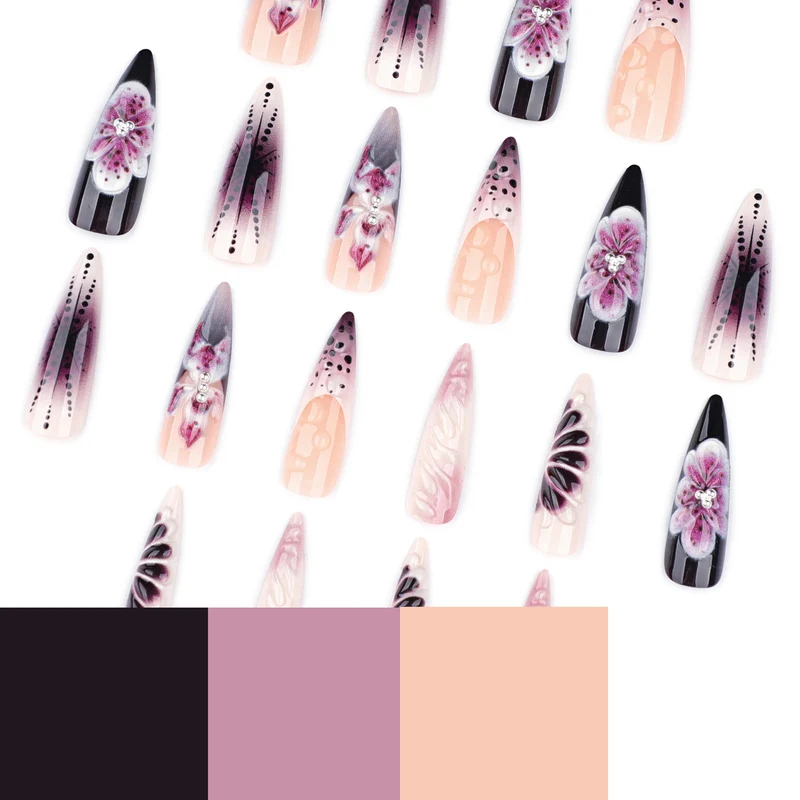 Kunstvolle Stiletto-Nägel mit floralen 3D-Verzierungen Karnz