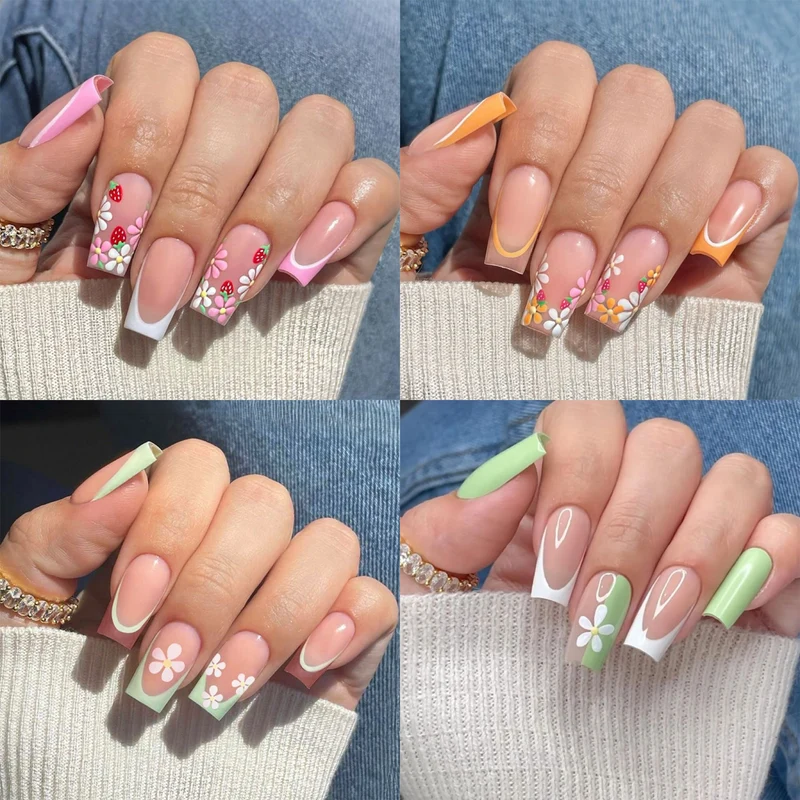 Kunstnagelset mit bunten Blüten und kreativem French-Design Karnz