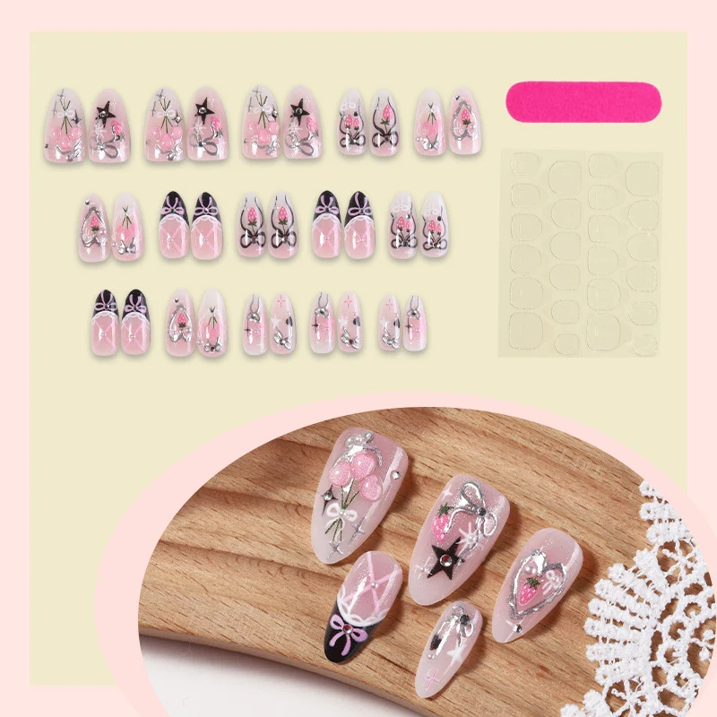 Kreatives Kunstnagelset mit eleganten Schleifen- und Glitzermotiven Karnz