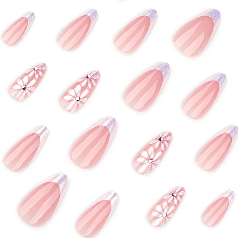 Elegante Kunstnägel mit floralem Design und Glitzerverzierungen Karnz