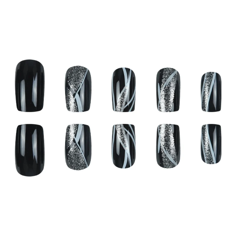 Stylische Press-On-Nagelkunst mit Glitter und geometrischem Design Karnz