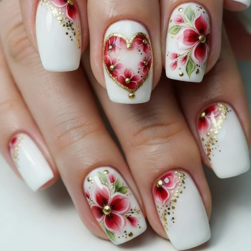 Künstlerische florale Herz-Acryl-Nagelkunst Karnz