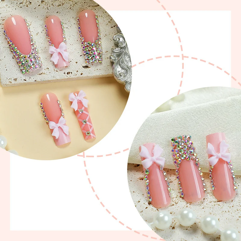 Kunstnagelset mit luxuriösen Strassverzierungen und Schleifenakzenten Karnz