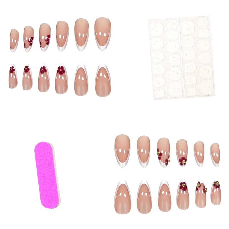 Künstlerische florale French Tip Press-On Nägel Karnz